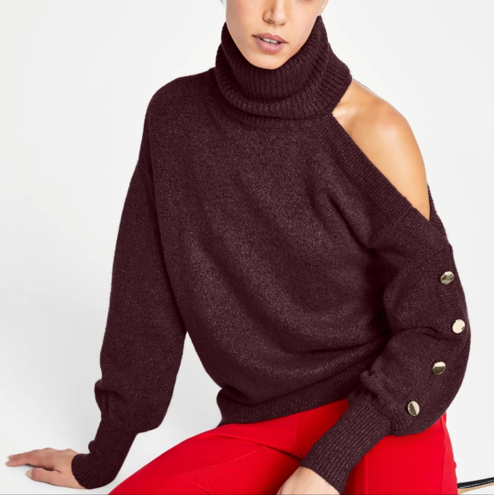 Women's Off-Shoulder Turtleneck Sweater - Dark Brown
